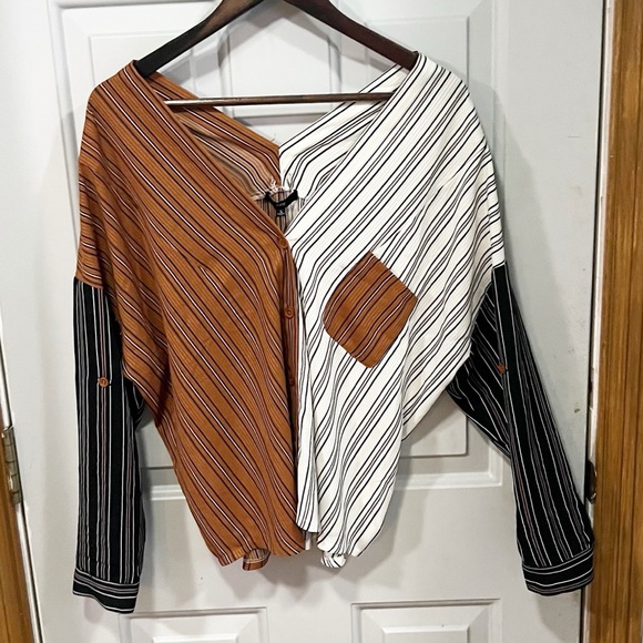 Fate Tops - Fate Striped Colorblock Button Down Shirt Womens Size Small Boho Patchwork NWT